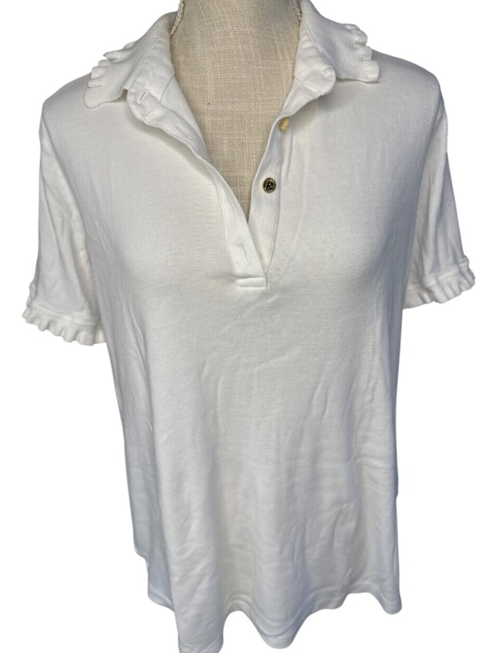 Ann Klein White Ruffle Collar Short Sleeve Polo Shirt XL Womens Casual Chic